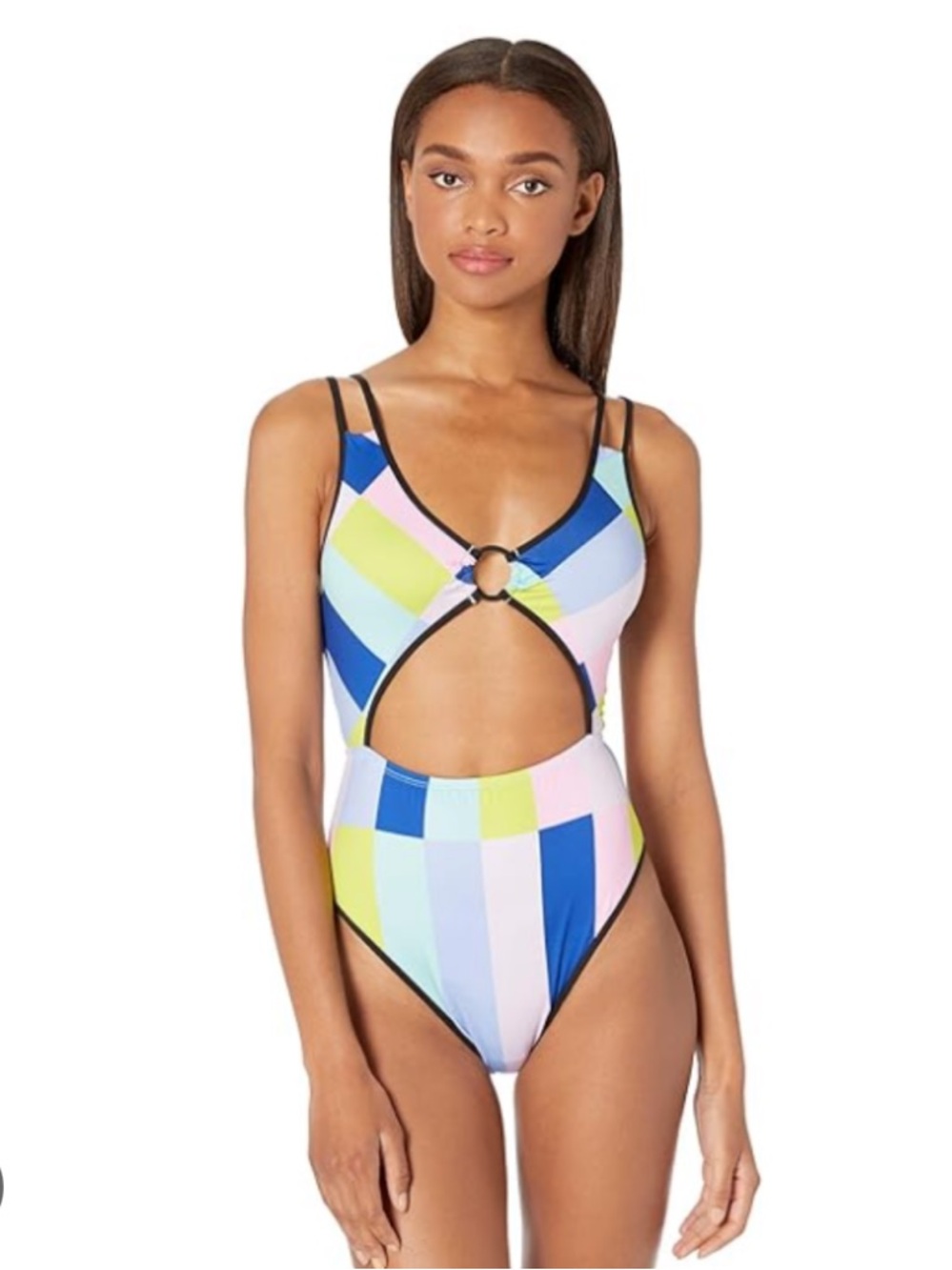 NEW Bikinilab Women's High Leg Cut Out One Piece Swimsuit, Pink Prism Stripe, L
